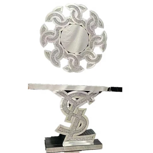 Luxury Silver Y S L Shape Mirror Sideboard  Crushed Diamond Console Table Side Table With Mirror Set