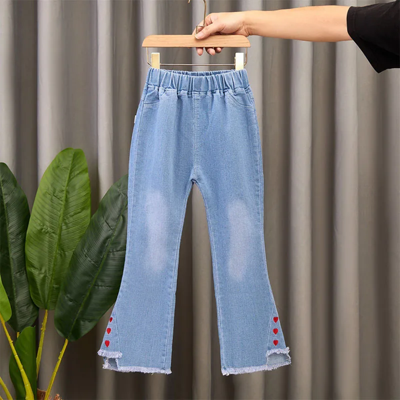 Children Blue Cute Washed Flared Denim Trousers for 3-13 Years Fashion Toddler Girl Sweet Bell-Bottoms Jeans Pants A0862