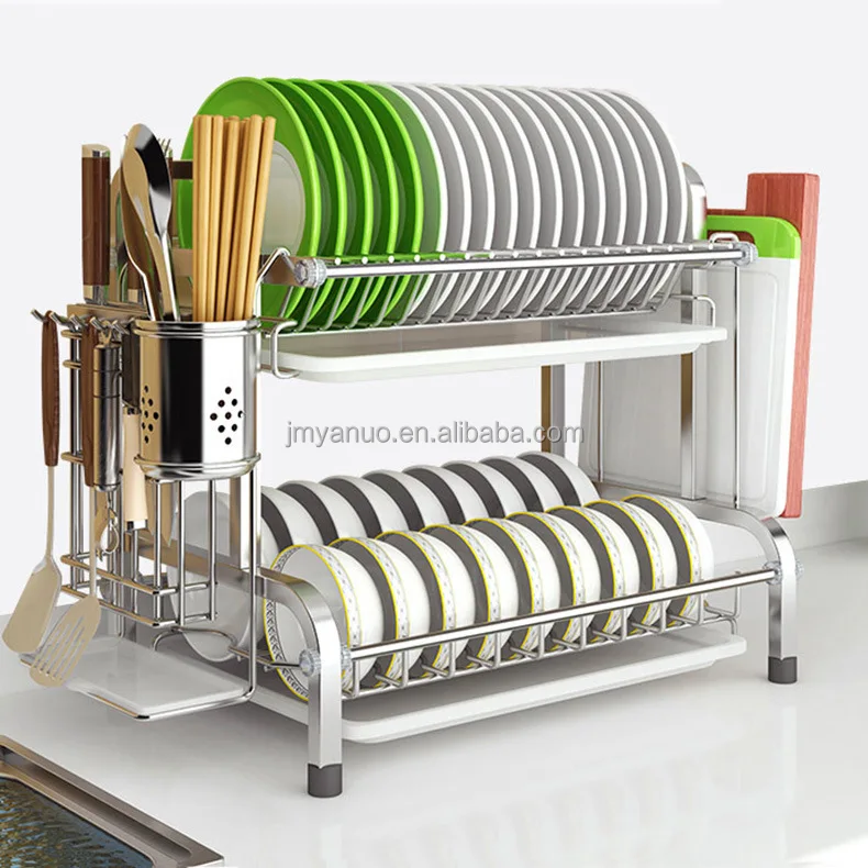 Dish Drying Rack 2 Tiers Dish Rack and Drainboard Set for Kitchen Counter Kitchen Shelf Storage Storage Holders & Racks Standing