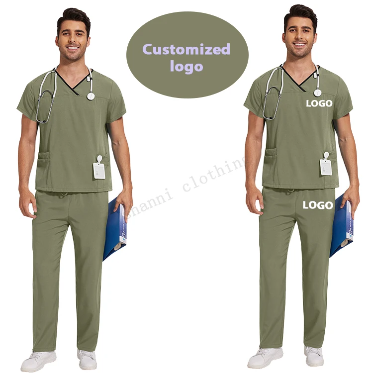 New design v neck unisex medical surgical uniforms set mens workwear stretch working staff uniforms with logo custom