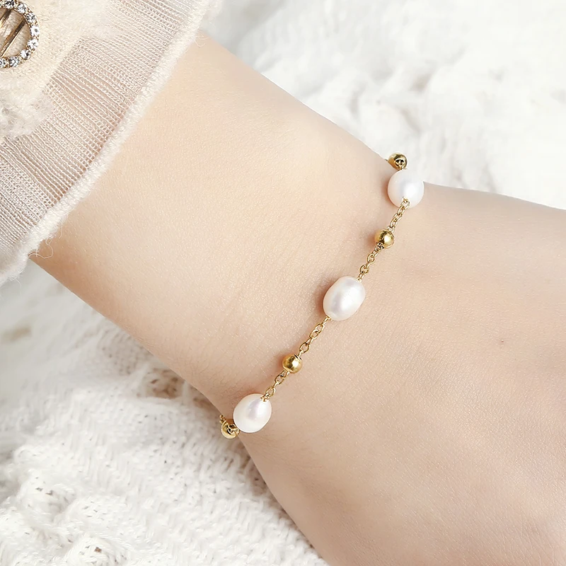 HuPo.HuTu. New Charm Jewelry Women  Gift Freshwater Pearl Chain Waterproof 18K Gold Plated Bead Wrapped Stainless Steel Bracelet