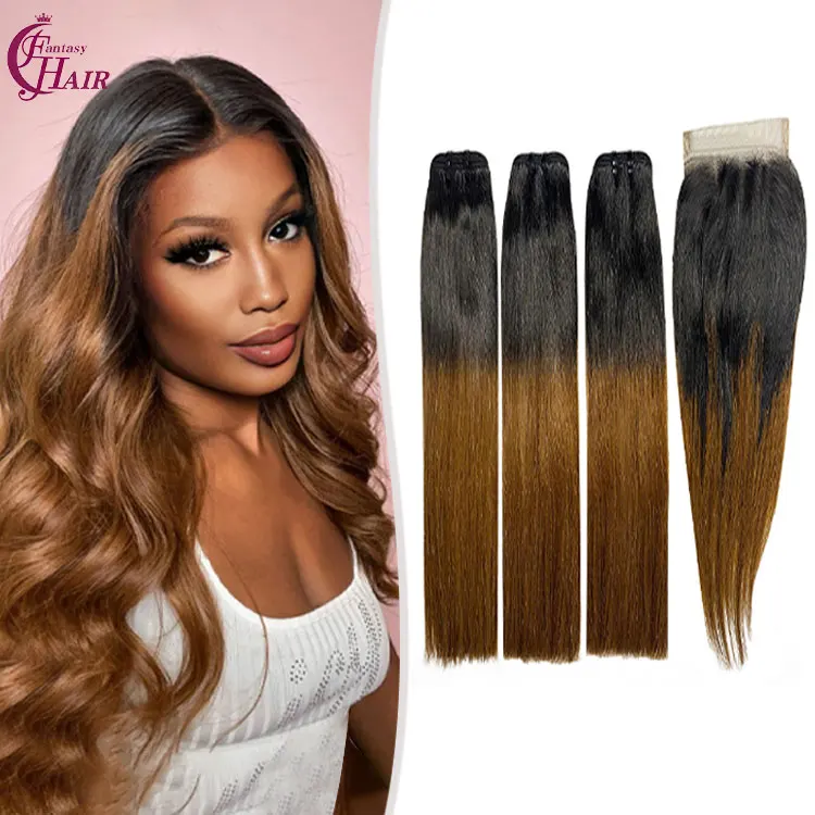 FH Wholesale Double Drawn 3 Human Hair Bundle with Closure Set  4x4 Straight  Lace Closure #1B-30 Machine Weft Bundles Extension