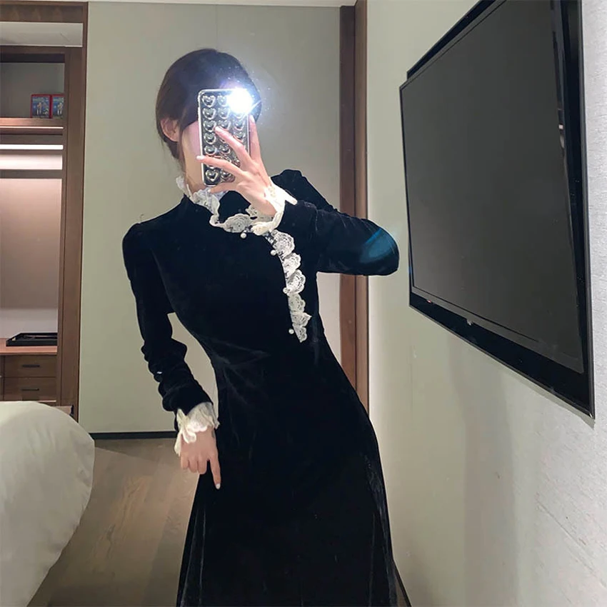 New chinese traditional style cheongsam long winter black color dress qipao ladies women girls plus size dress winter factory