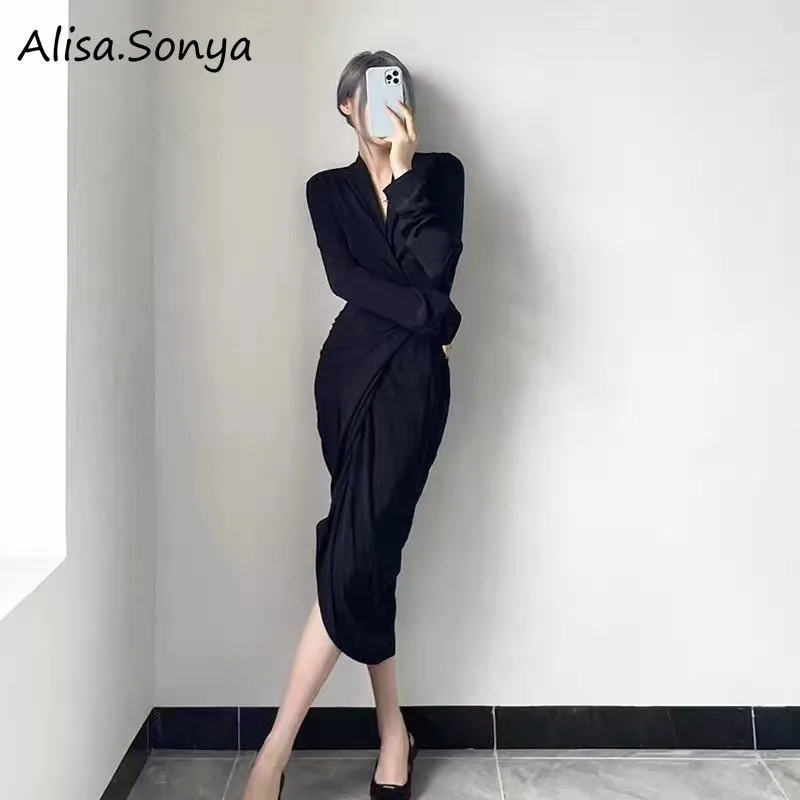 Plus Size V neck Women Maxi dress French Long sleeves Under Knee Length Stylish Wrap dresses