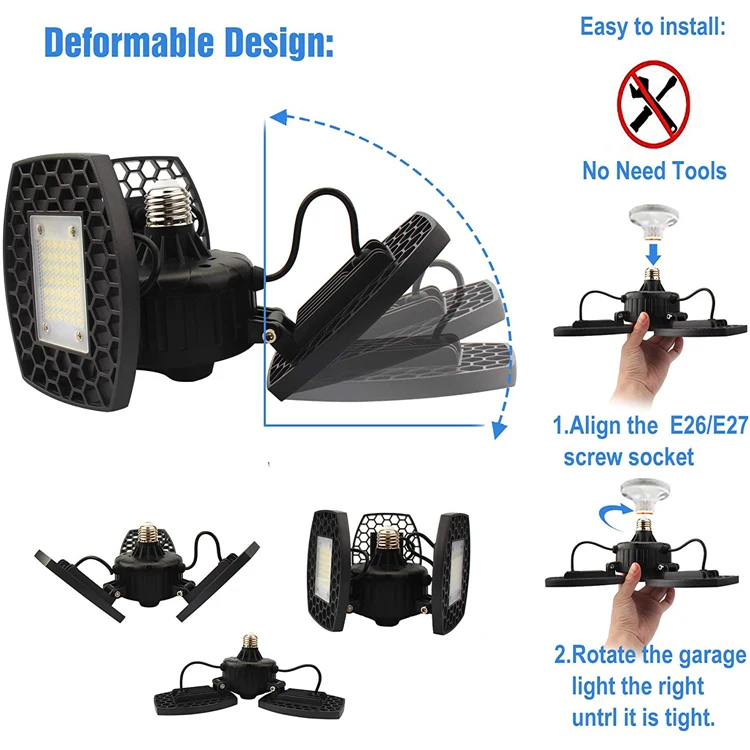 Angle Adjustable LED Deormable Garage Light 60W E27 Led Ceiling Lamp Shop Workshop Parkinglot