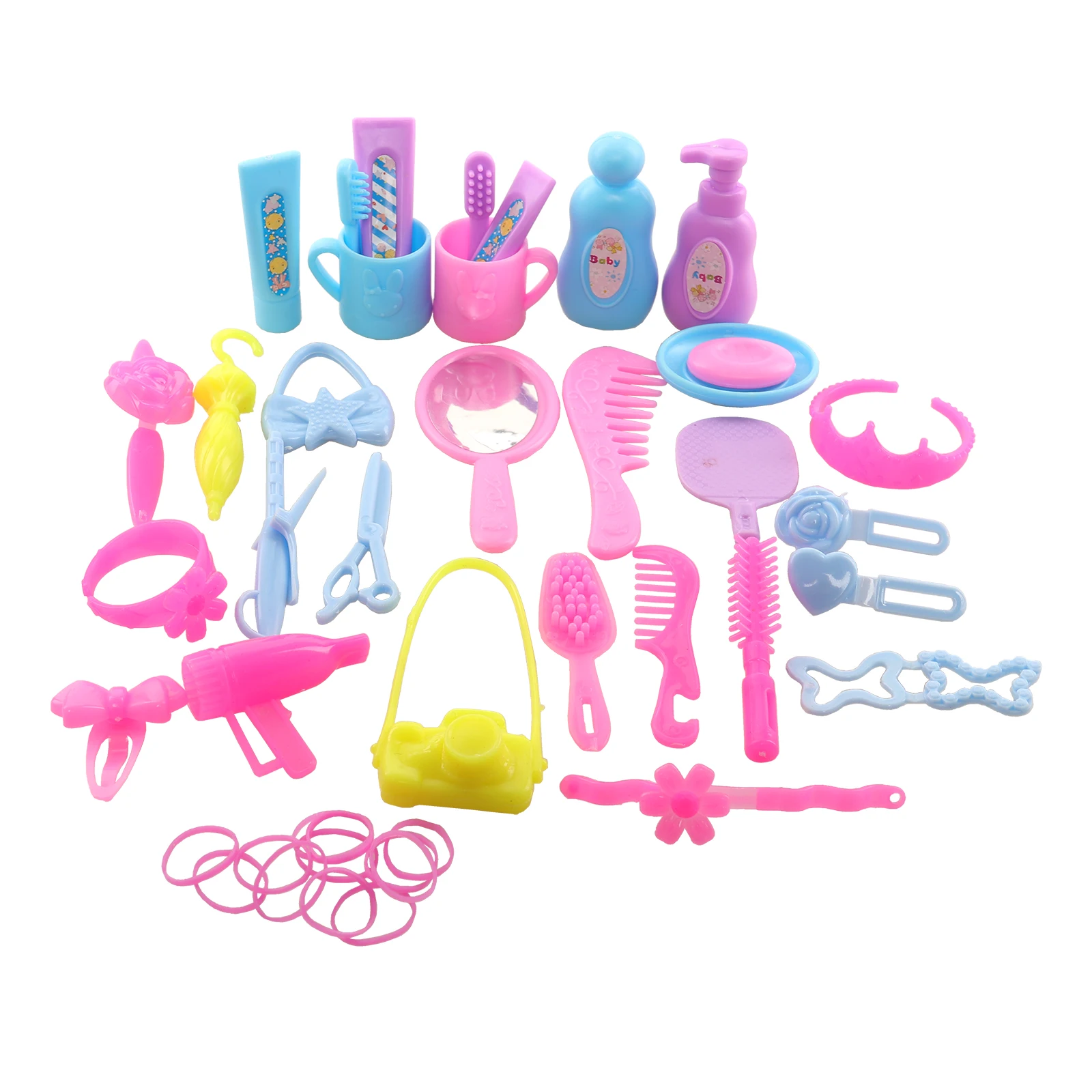 Barwa 63 Pieces Doll Accessories=12 Wash Accessories+13 Dress up Accessories+18 Dress up Accessories+20 Rubber Bands