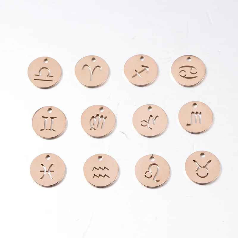 12Pcs/Set Round Hollow Out 12 Zodiac Sign Coin Accessories Stainless Steel Horoscope Necklace Pendants Charms for Jewelry Making