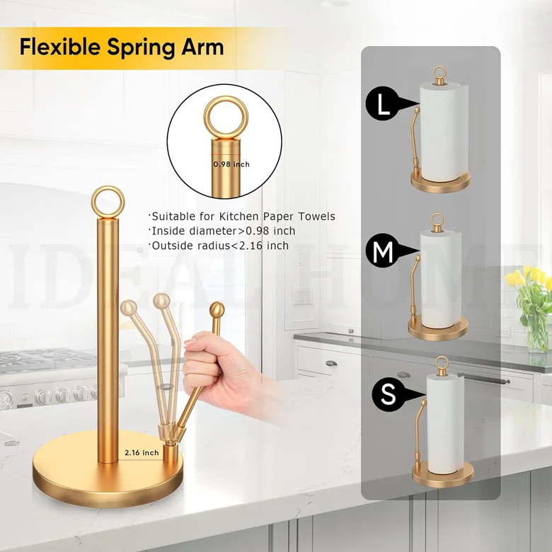 Gold Stainless Steel Paper Towel Holder with Weighted Base Non Slip and Spring Arm
