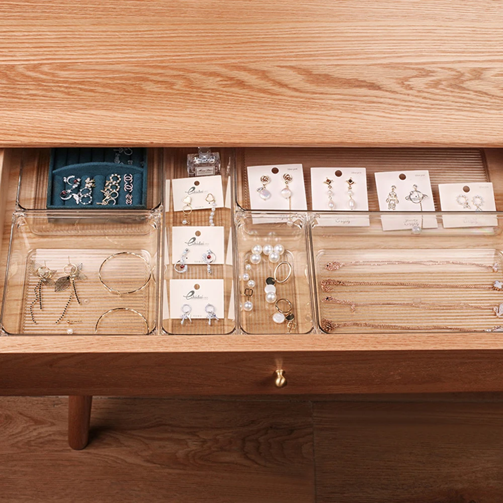 Customize Layout Desk Drawer Organizer Set 5-Size Desk Drawer Storage Bins Clear Plastic Multi-function Drawer Organizer Trays