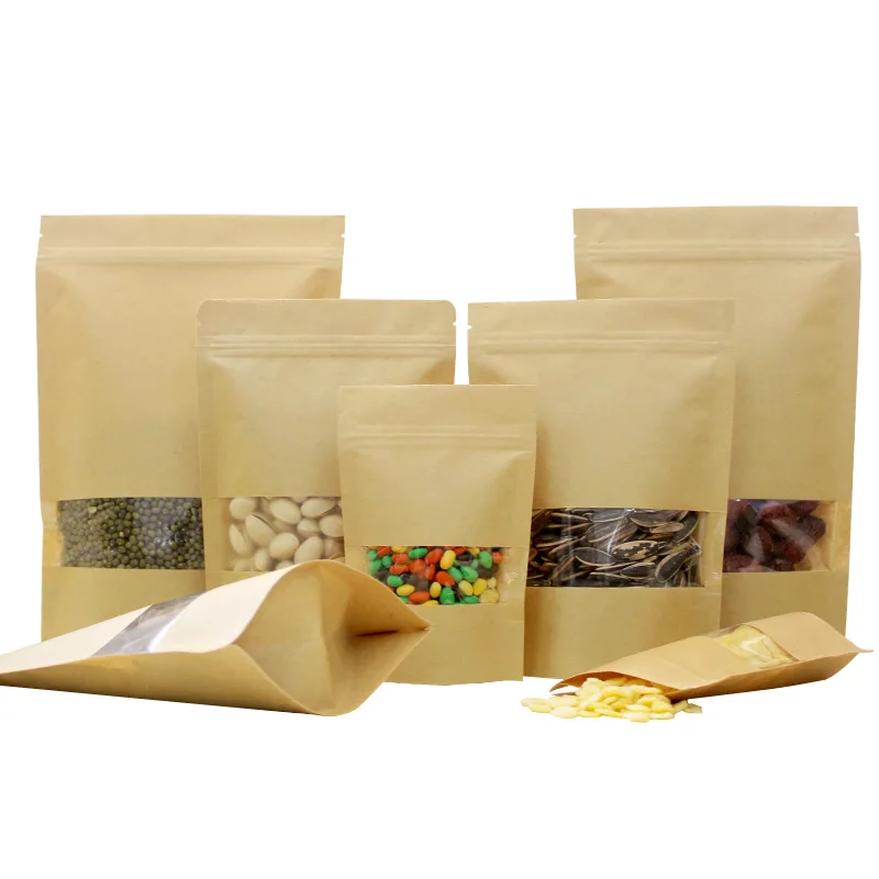 In Stock 9x14cm Waterproof Zipper Sealed Resealable Zip Lock Food Grade Ziplock Stand Up Pouch Brown Kraft Paper Bag With Window