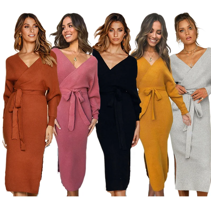 
5 colors hot sale autumn and winter sexy V-neck lace long sleeve women dress 