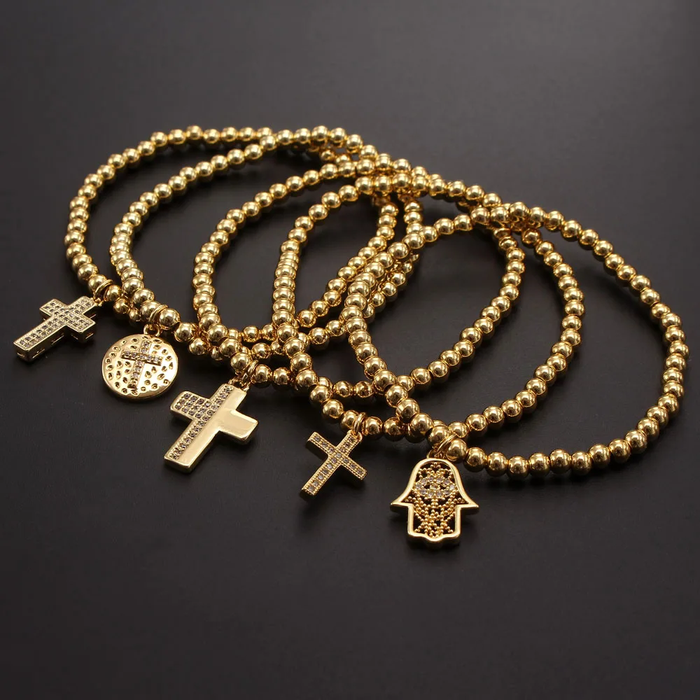 Wholesale Fashion Hamsa Hand/Cross Pendant Zircon Stone Beaded Bracelet Gold Plated Elastic Women Bangle Religion Jewelry