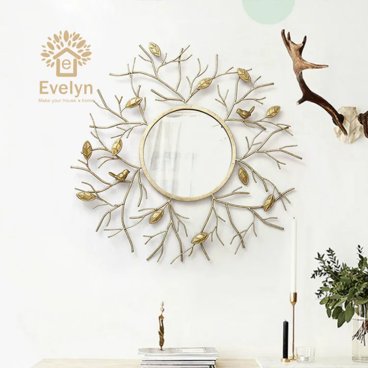 Large big house metal bird hanging hook round iron wrought wall mirror decoration art for living room