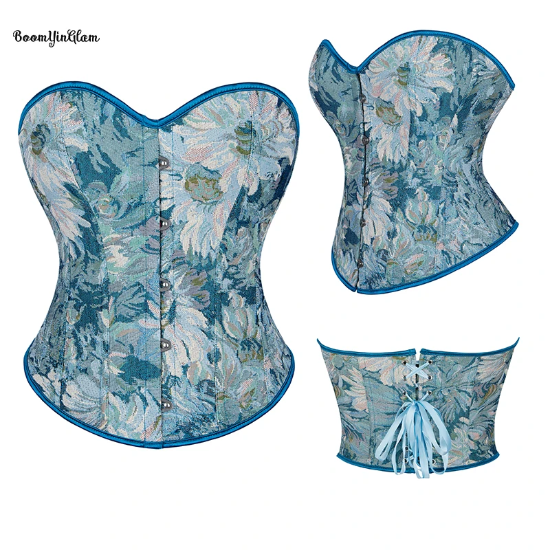 Women Lace Retro Corset Bustier Vintage Floral Print Crop Lingerie Bodyshaper Embroidery Overbust Corset Top Light Blue