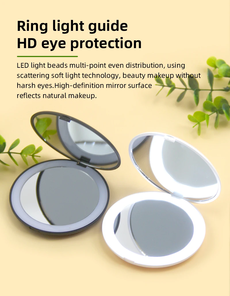 Custom 1X/2X Magnification Cute LED Light Pocket Purse Hand Held Portable Folding Small Mini Makeup Mirror