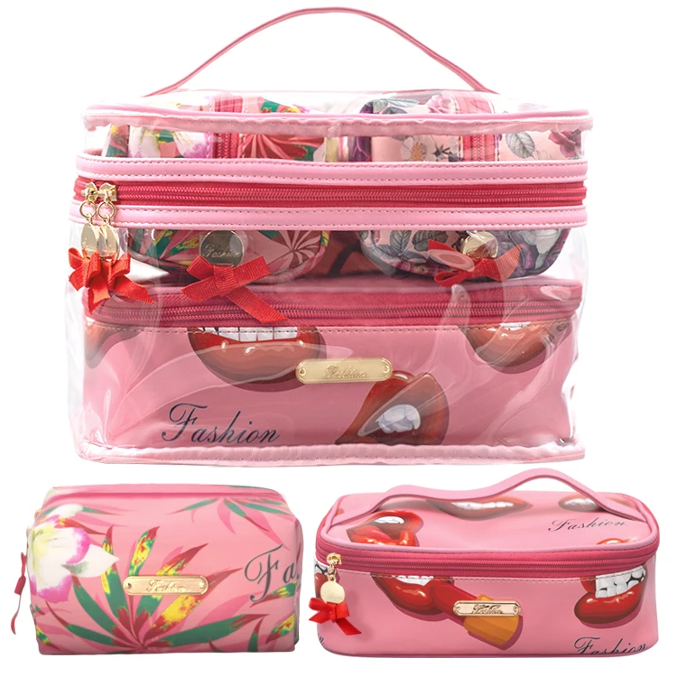 High Quality Promotional Pink Holographic Gold Zipper Travel Makeup Transparent Waterproof Travel Clear Pvc Cases Cosmetic Bags
