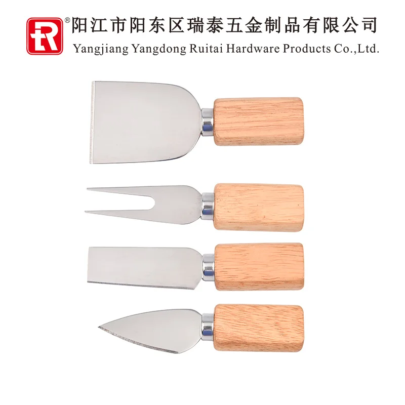 RUITAI New Style 4 Pieces Wooden Butter Cutter Cheese Knife Set Stainless Steel Cheese Slicer Cutter Fork Spreading Knife