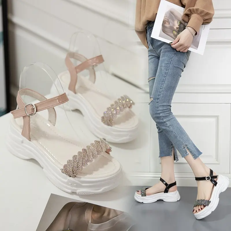 2022 new design summer fashion muffin one-line belt open-toed casual women sandals with water diamond