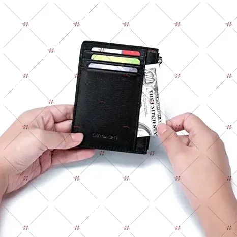 
RFID Blocking Men Women Genuine Leather Slim ID Window Metal Chain Zip Key Wallet 