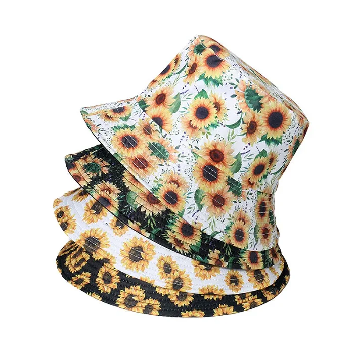 Black Summer Sunflower Print Reversible Fisherman Bucket Hats