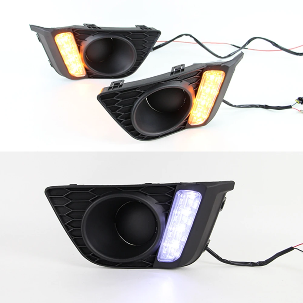 Car LED Daytime Running Lights for Honda Jazz fit 2014 2015 2016 LED DRL fog lamp with yellow turn signal Foglight