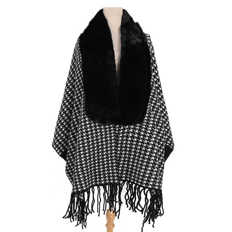 Luxury Winter Wool Collar Imitation Mink Shawl Long-sleeved Tassel Scarf Shawl Knitted Jacquard Cloak