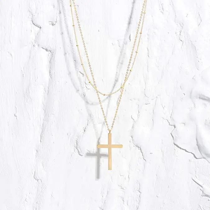 fashion cross layered necklace jewelry stainless steel gold plated cross pendant christian necklace women