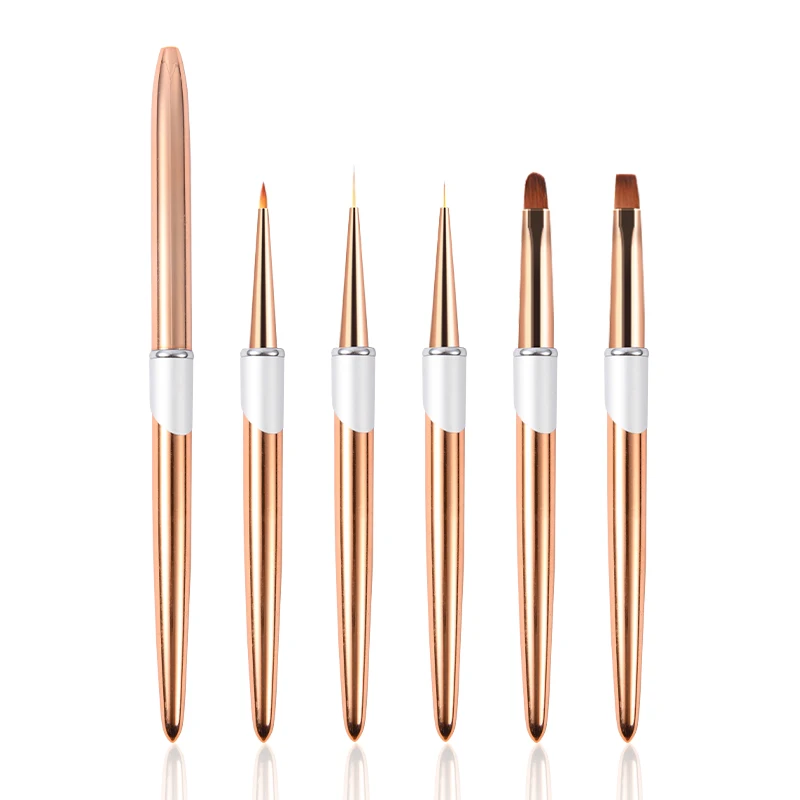 Nail Supplies Bulk Super Fine Art Brush Metal Rose Gold Handle Round/Square/Oval/Universal Fan Liner Flowers