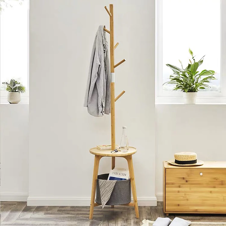 Bamboo Hat Rack Clothes Hanging Rack Bamboo Coat Rack  For Home Office with Laundry Basket and 6 Hooks