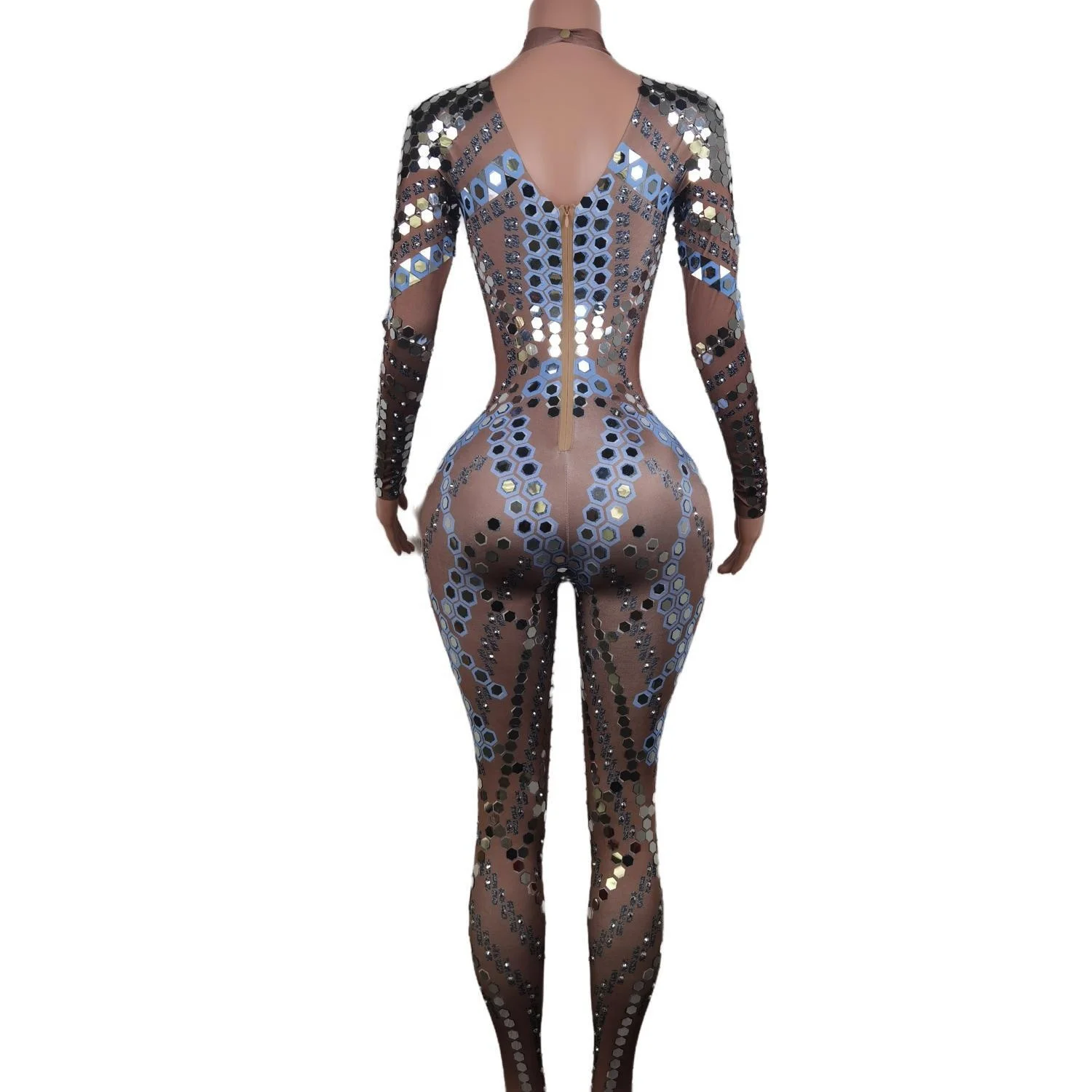 Sexy Long Sleeves Stretch Sequin Stage Performance Rompers Dancer Costume Slim Fit One Piece Bodysuit Women Rhinestone Jumpsuit