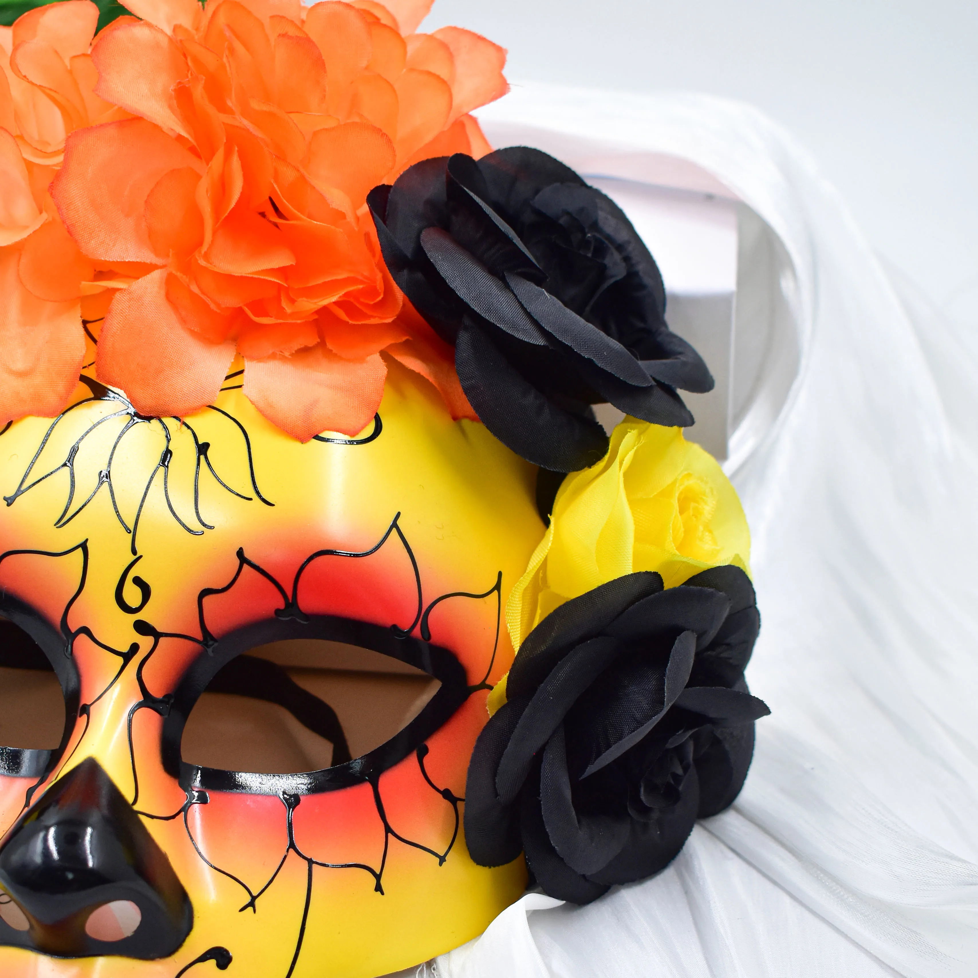 New Horror Half Face Mask Halloween Anonymous Masquerade Yellow And Black Flower Costume Props For Day Of The Dead