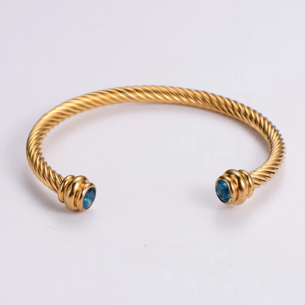 stainless steel gold plated zircon genuine gemstones twisted cable wire open cuff bangle bracelet