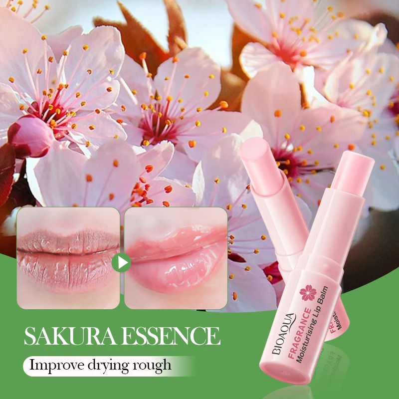 Hot Selling OEM BIOAQUA Organic Cherry Blossom Scented Lip Balm Wholesale Vitamin C Moisturizing Nourish Cute Lip Balm Stick