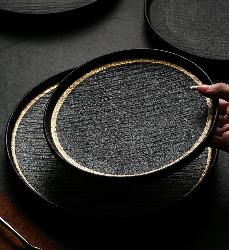 Matte Black With Gold Rim Round Dinner Plate For Steak Pasta Sushi for Restaurant Hotel Porcelain 8 Inch 10Inch Buffet Plates