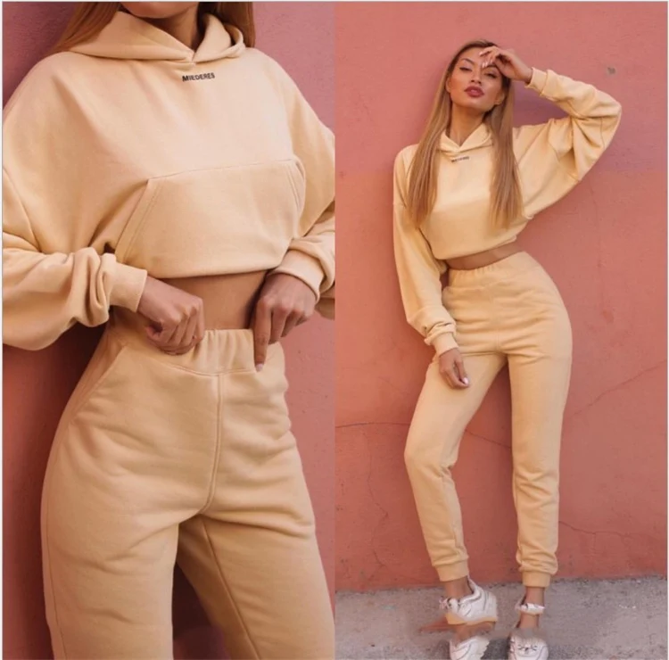 Women 2021 Spring Casual Two Piece Midriff Crop Top Hoodie Tracksuit 2 Piece Clothing