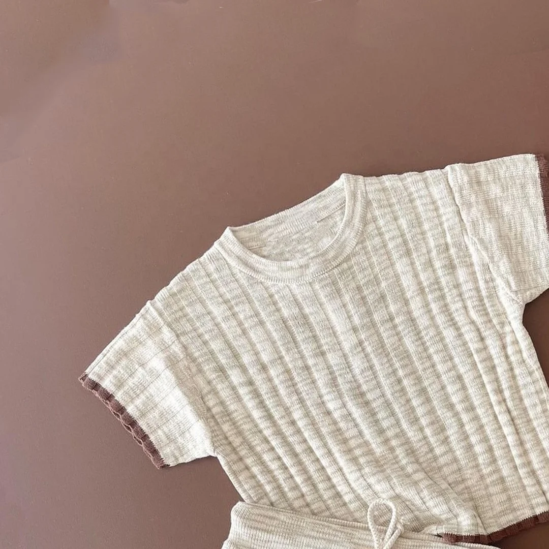 New Summer soft 100% Cotton coffee and Oatmeal Knitted Baby Clothes Sets Short Sleeve Pullover Sweaters Pants Infant Clothes Set