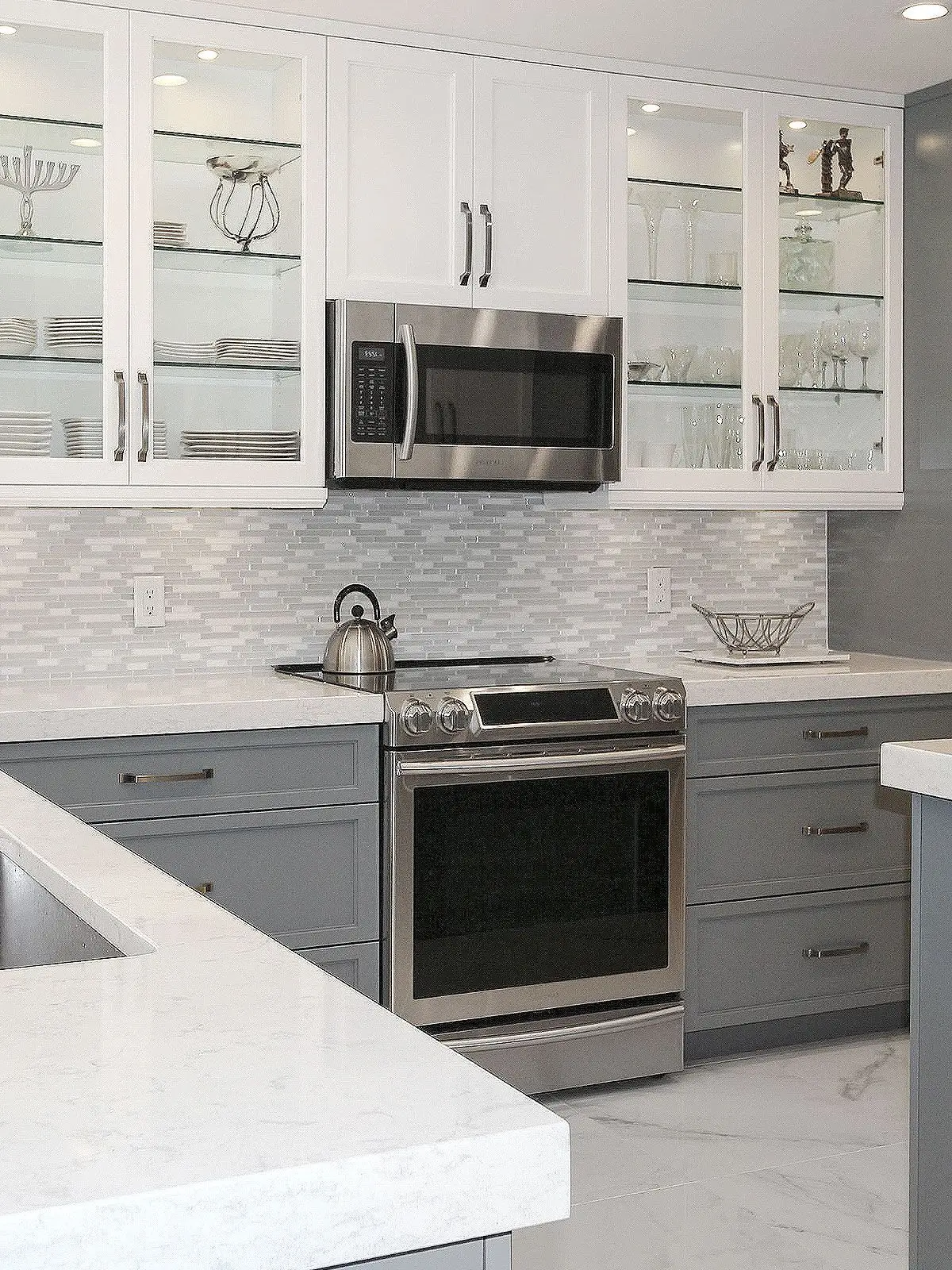 CBMmart Gray Gloss Complete Full Set White Kitchen Cabinets with Glass Door Island Countertop Modern Kitchen Furniture Model Set