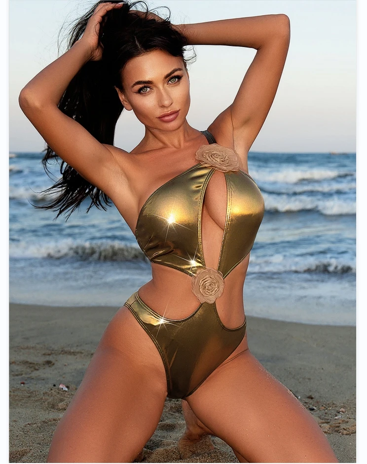 New Design One Shoulder Metallic Monokini Flower Details Gold Swimwear Women V Neck One Piece Swimsuit