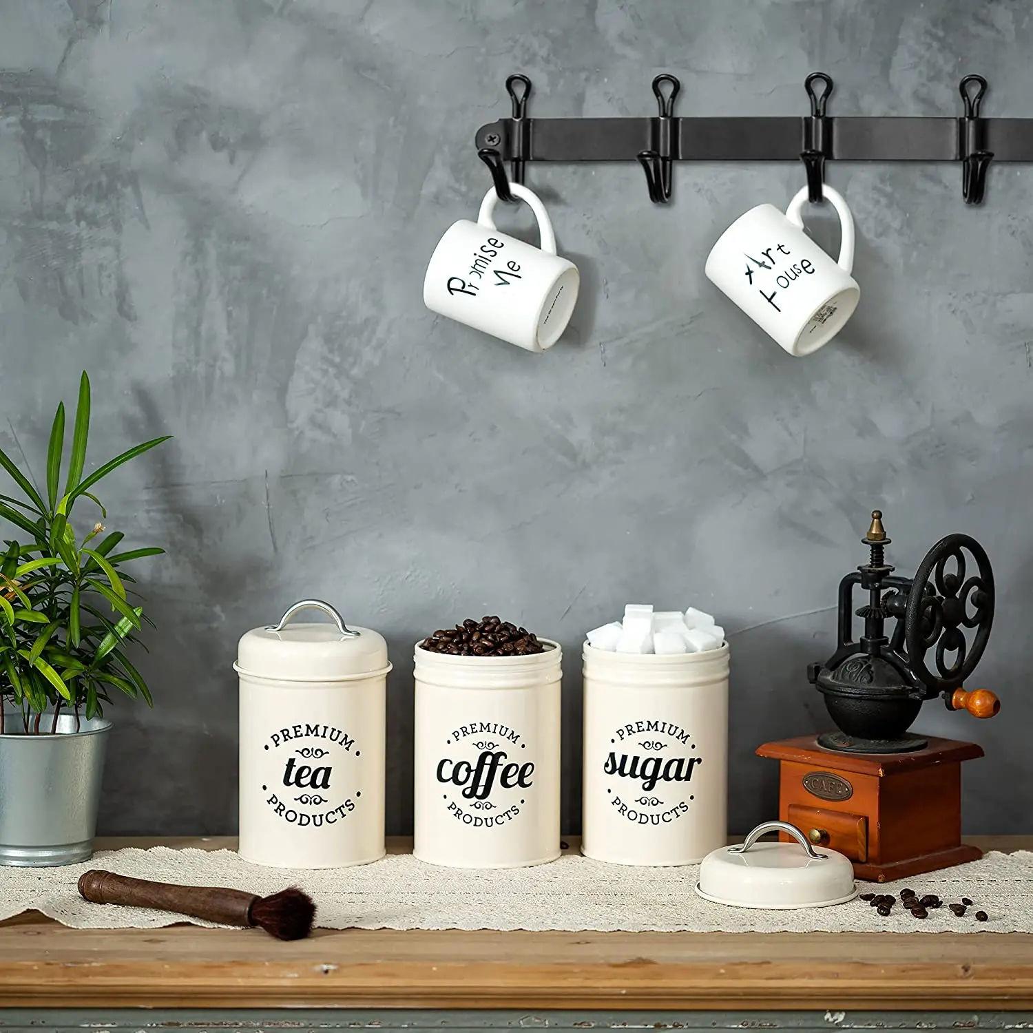 Tea Coffee Sugar Set Piece of 3 Airtight Kitchen Food Canister Rustic Farmhouse Country Decor Metal Storage Containers Jars