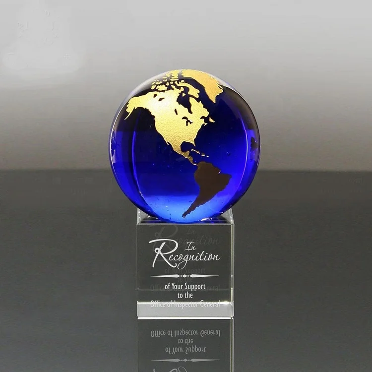 Exquisite blue crystal world globe and base