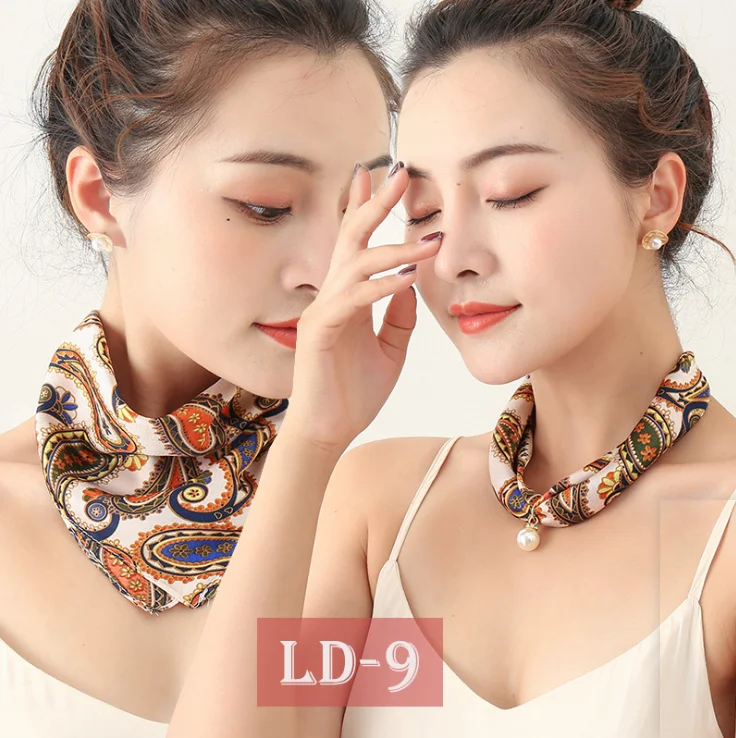 Silk Scarf Necklace Pearl Pendant Decorative Small Square Fashion Choker Collarbone Chain Magnetic Clasp Print Scarf
