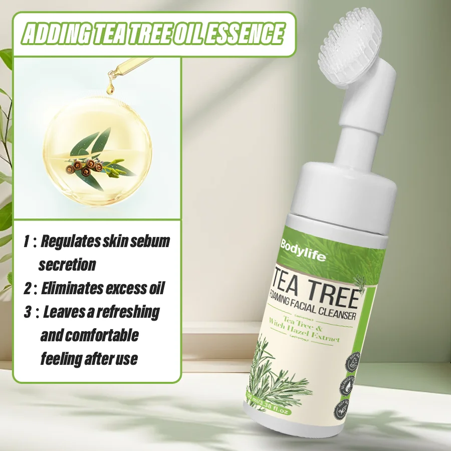 Wholesale Tea Tree Oil Control Deep Cleaning Foaming Facial Cleanser Smoothing Whitening Effects Face Wash Moisturizer Brush