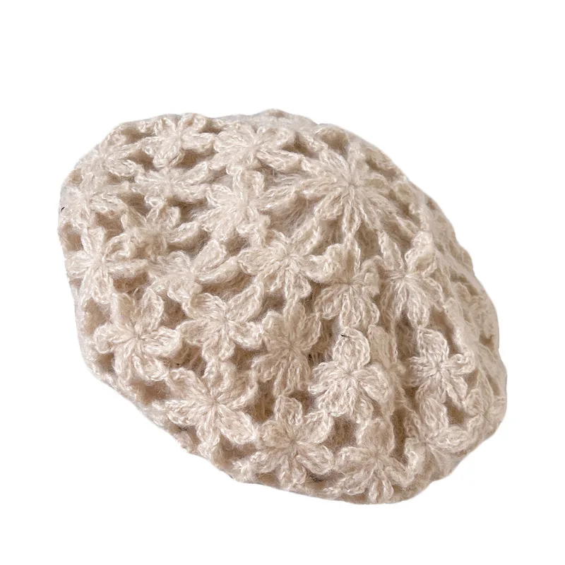 Autumn and winter painter hat solid color literary air hostess hat Japanese flower hollow out double knit beret hat for women