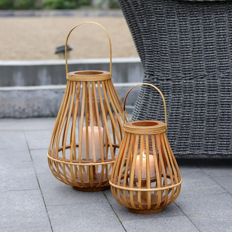 2023 Hotsale New bamboo lanterns decorative windproof candle lamp ornaments home stay wind log rattan floor lantern candle