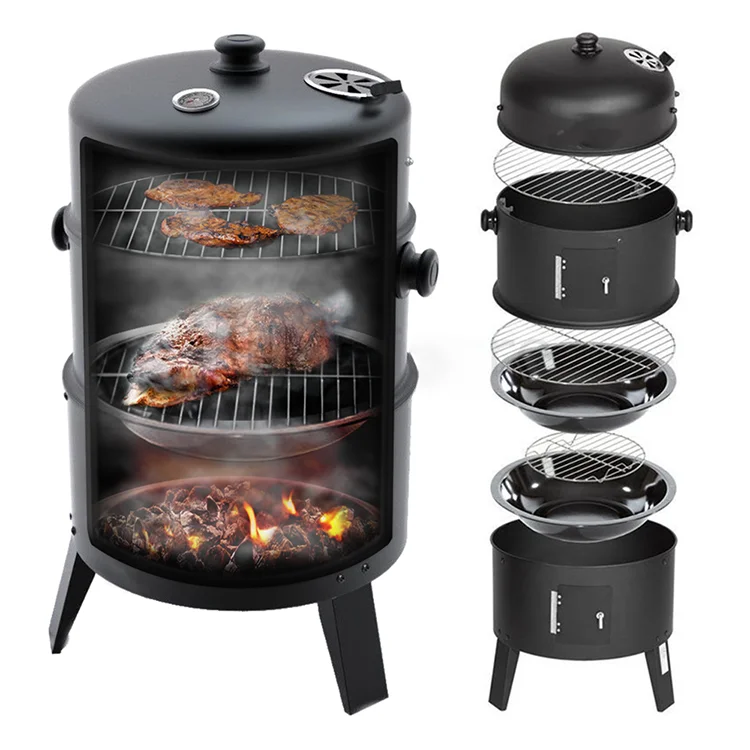 
3 in 1 Smokeless Charcoal BBQ Grill Smoker 3 layers Tower Vertical Barrel Barbecue BBQ Charcoal Grill 