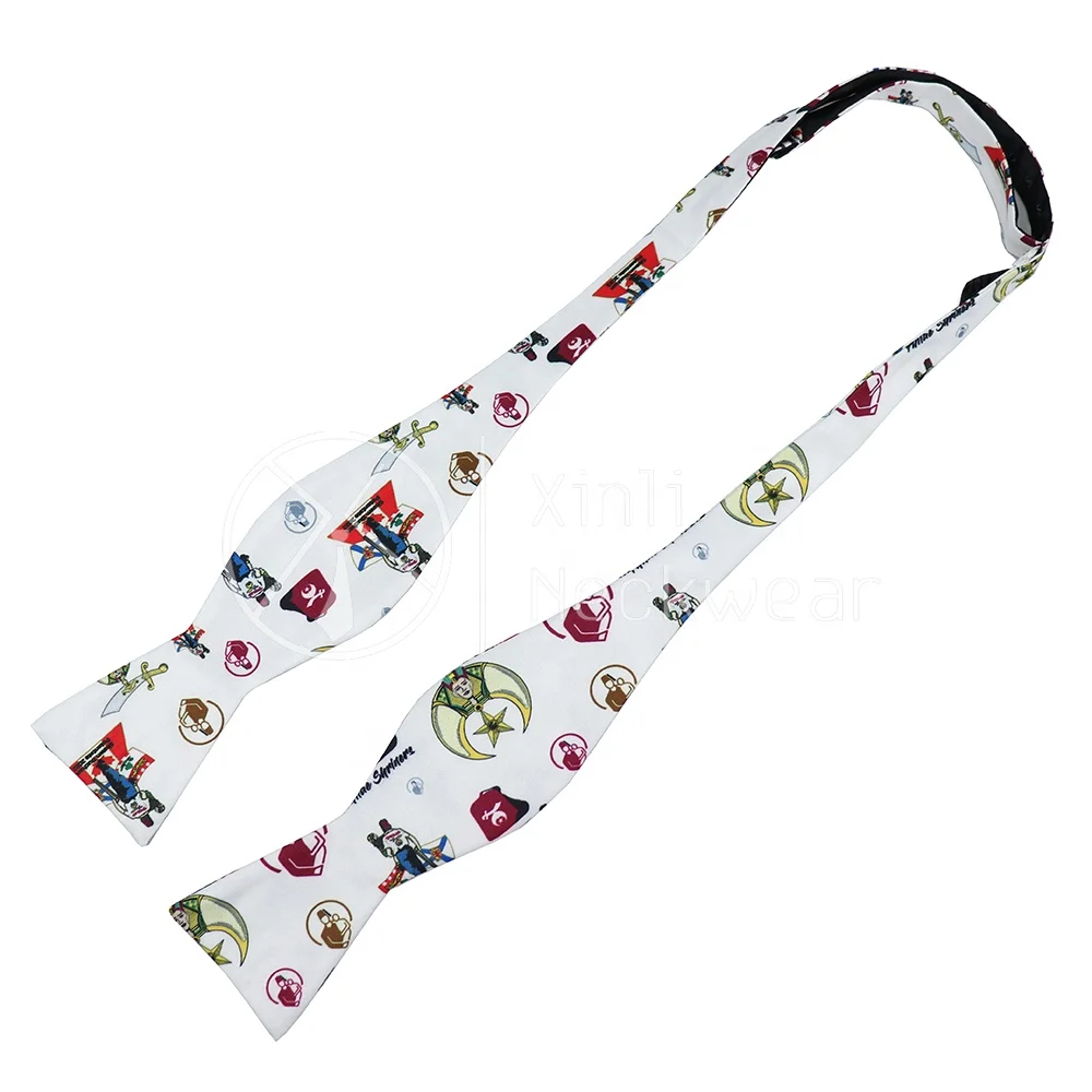 Factory Price White Masonic Shriner Cartoon Logo Pattern Digital Printed Bow Tie Custom Polyester Necktie Set for Men