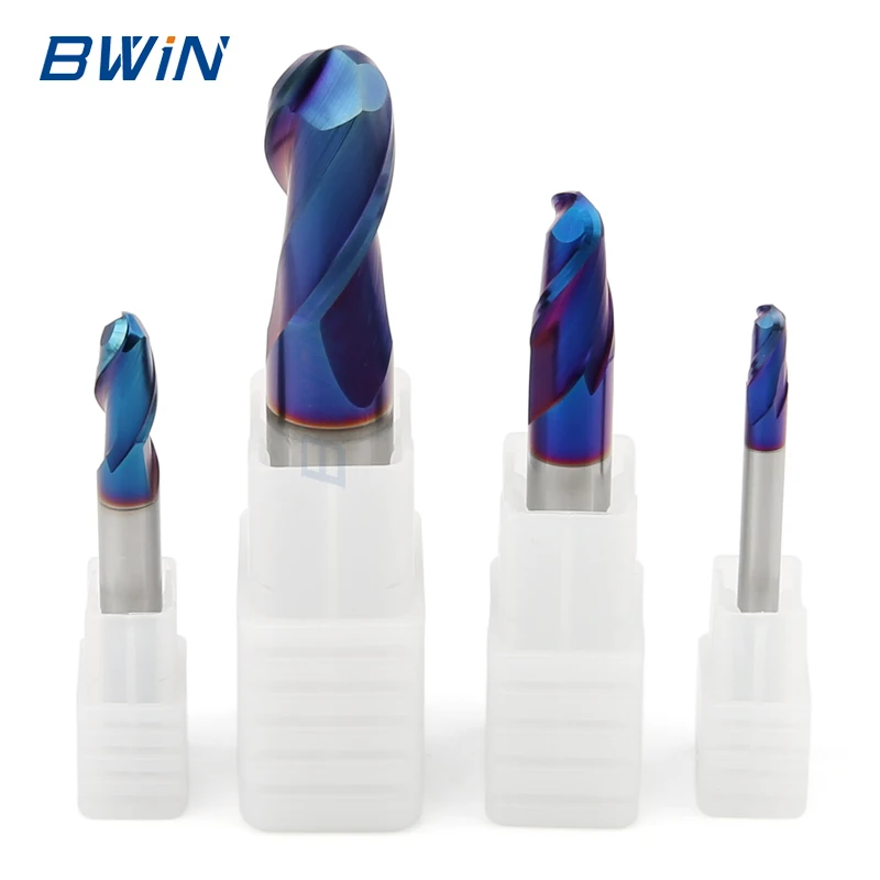 BWIN high quality naco coating 2 flute solid tungsten carbide ball nose endmill milling cutter hrc65