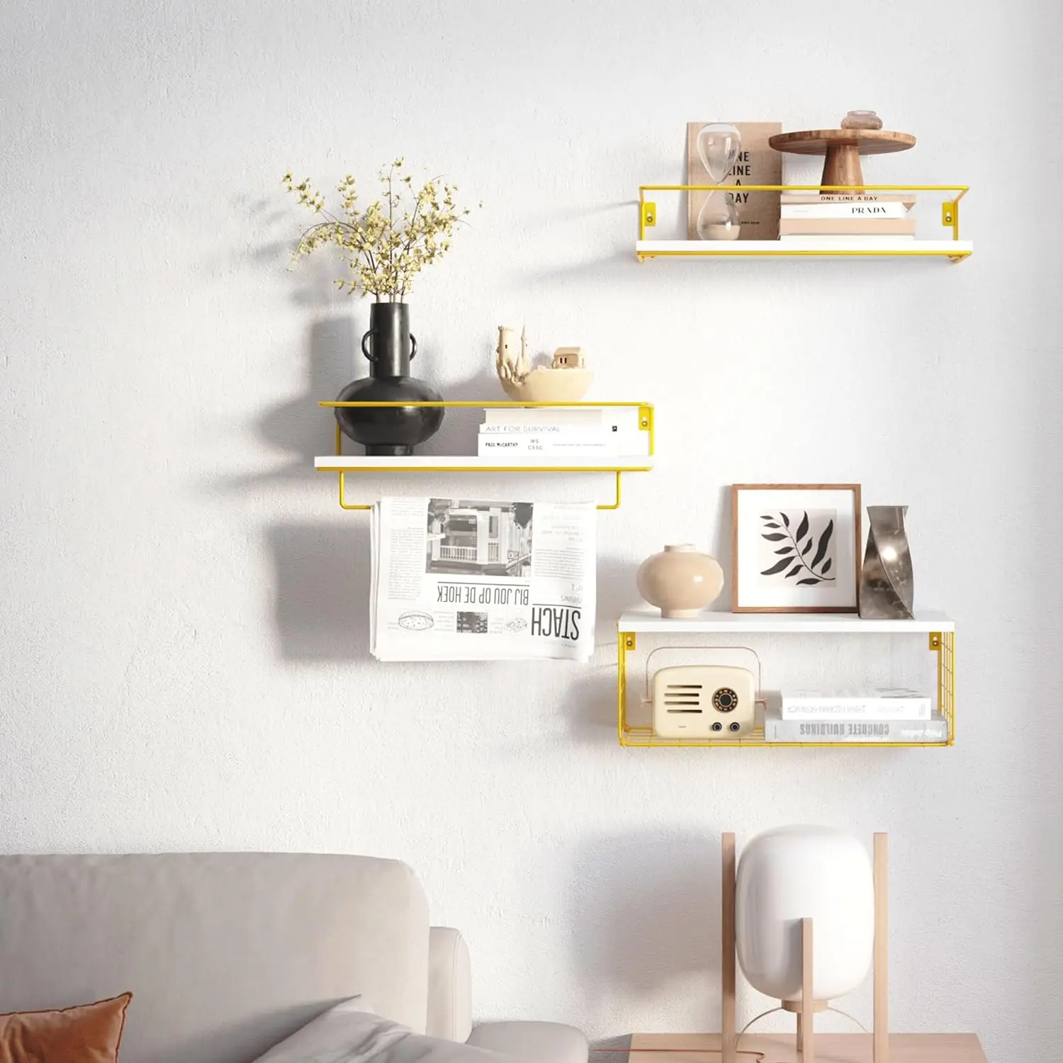 Farmhouse Wood Floating Shelf for Bedroom Shelves with Storage Basket Wall Shelves Over Toilet with Towel Bar and Paper Holder