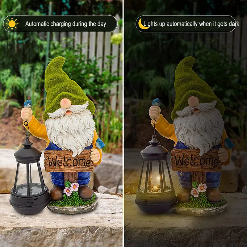 Garden Sculptures Gnome Statue Resin Figurine With Solar Light and Welcome Sign for Outside Patio Yard Lawn Decor
