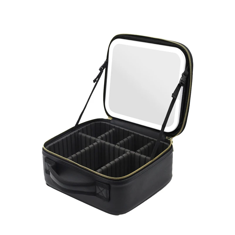 Portable make up bag Adjustable Dividers Light-Up Mirror Cosmetic Bag Travel makeup bag with led mirror for Toiletries Brushes